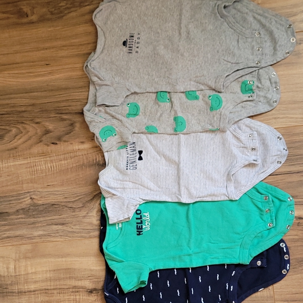 Carter's 9-month set of green, grey, and navy onsies.